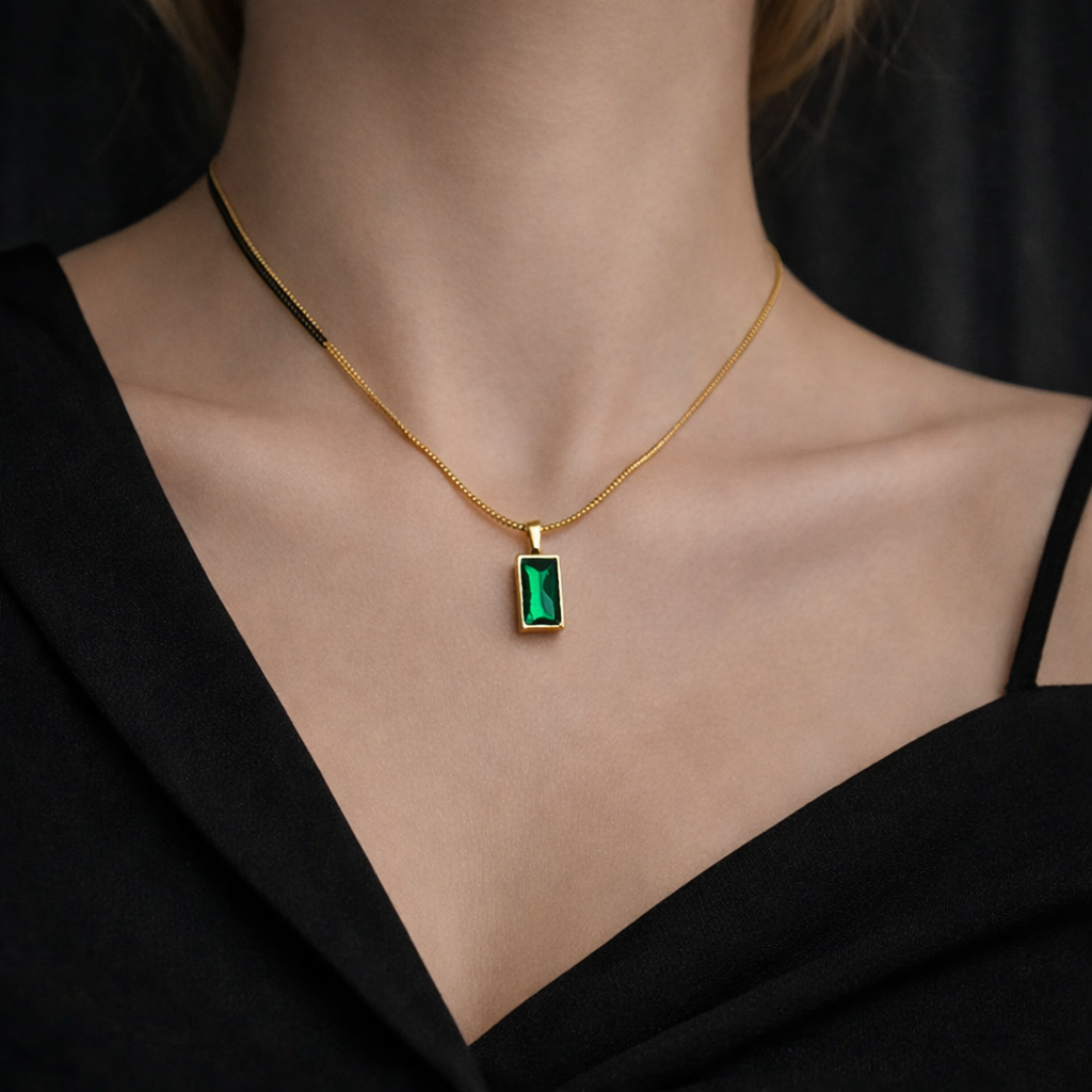 Square Green Crystal Pendant Necklace - Stainless Steel 316L